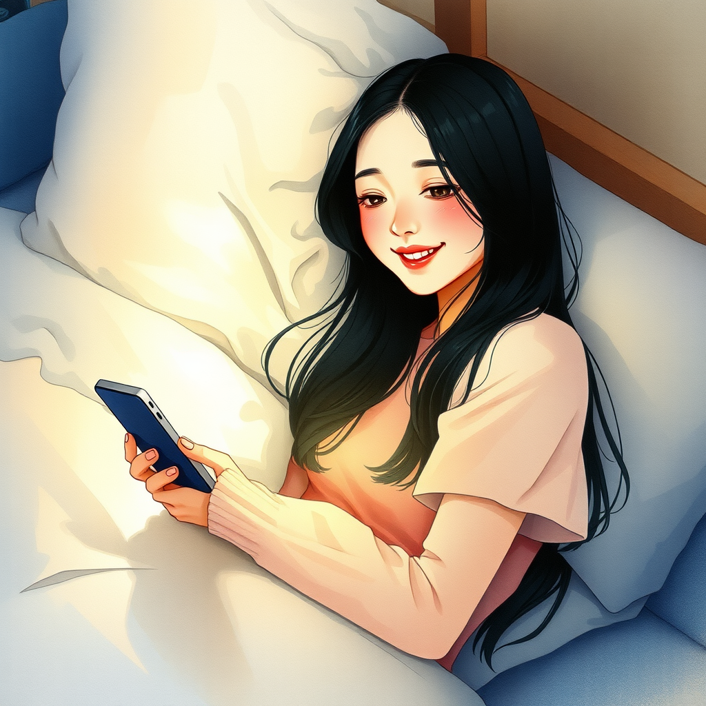 Chinese girl with long black hair lie down in the bed at night and happily chatting in she`s phone