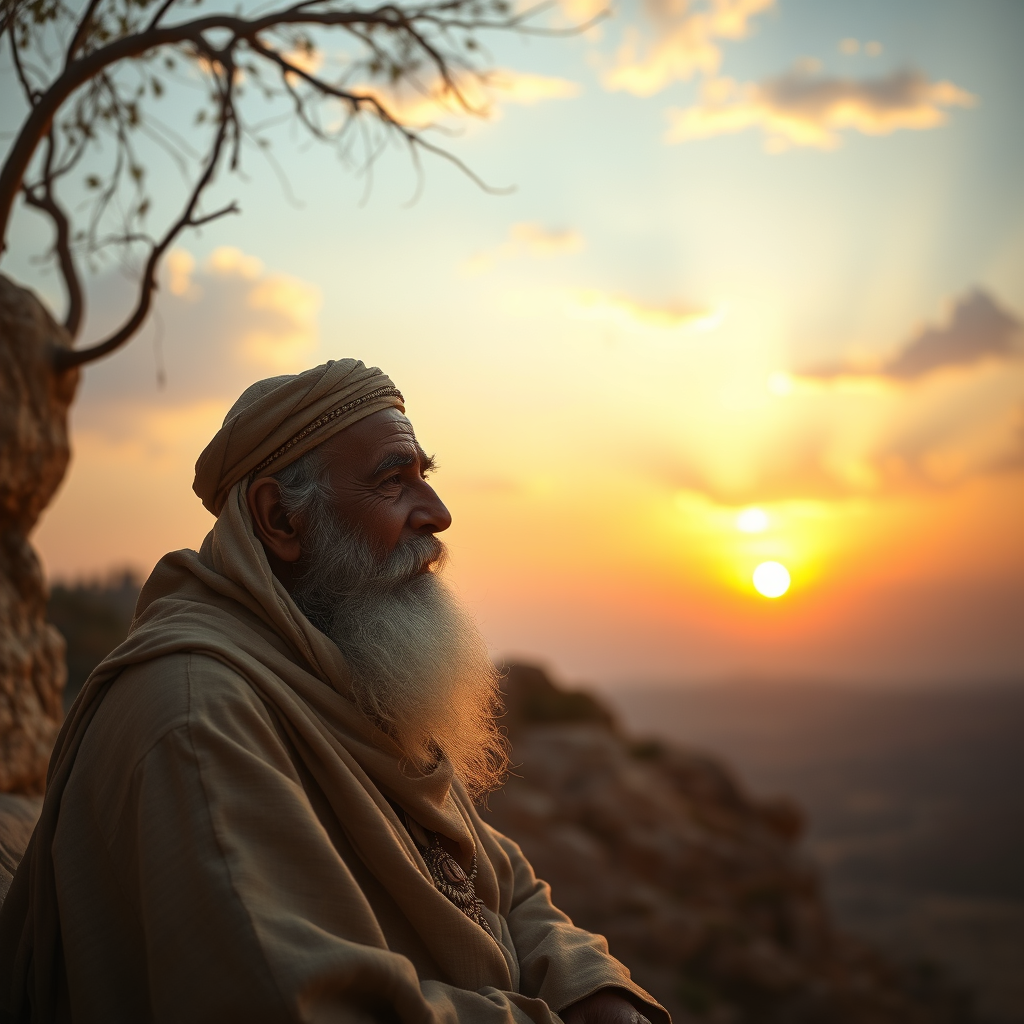 An old Arabic poet resembling Omar Khayyam, looking thoughtful while gazing at a sunset.