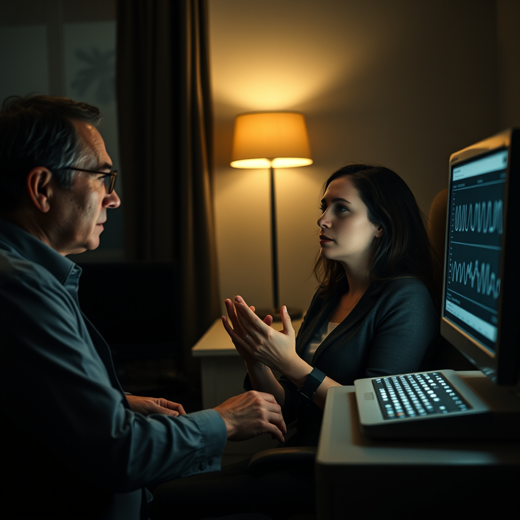 Cinematic hyperrealistic photo, interior of a polygraph examination room. A woman in her late 20s sits in a chair, leaning forward with hope and anxiety, polygraph sensors on her fingers. She gazes intently at the examiner, seeking validation. On the left, a professional male polygraph examiner in his 40s analyzes the scrolling graphs on the polygraph monitor with a neutral, assessing expression. The polygraph machine is on the desk between them, lights blinking. The atmosphere is thick with suspense and anticipation. Chiaroscuro lighting: a warm pool of light from the desk lamp contrasts with the cold glow of the monitor. Focus on the emotional tension between them. Shot on 35mm film, muted color palette, shallow depth of field.