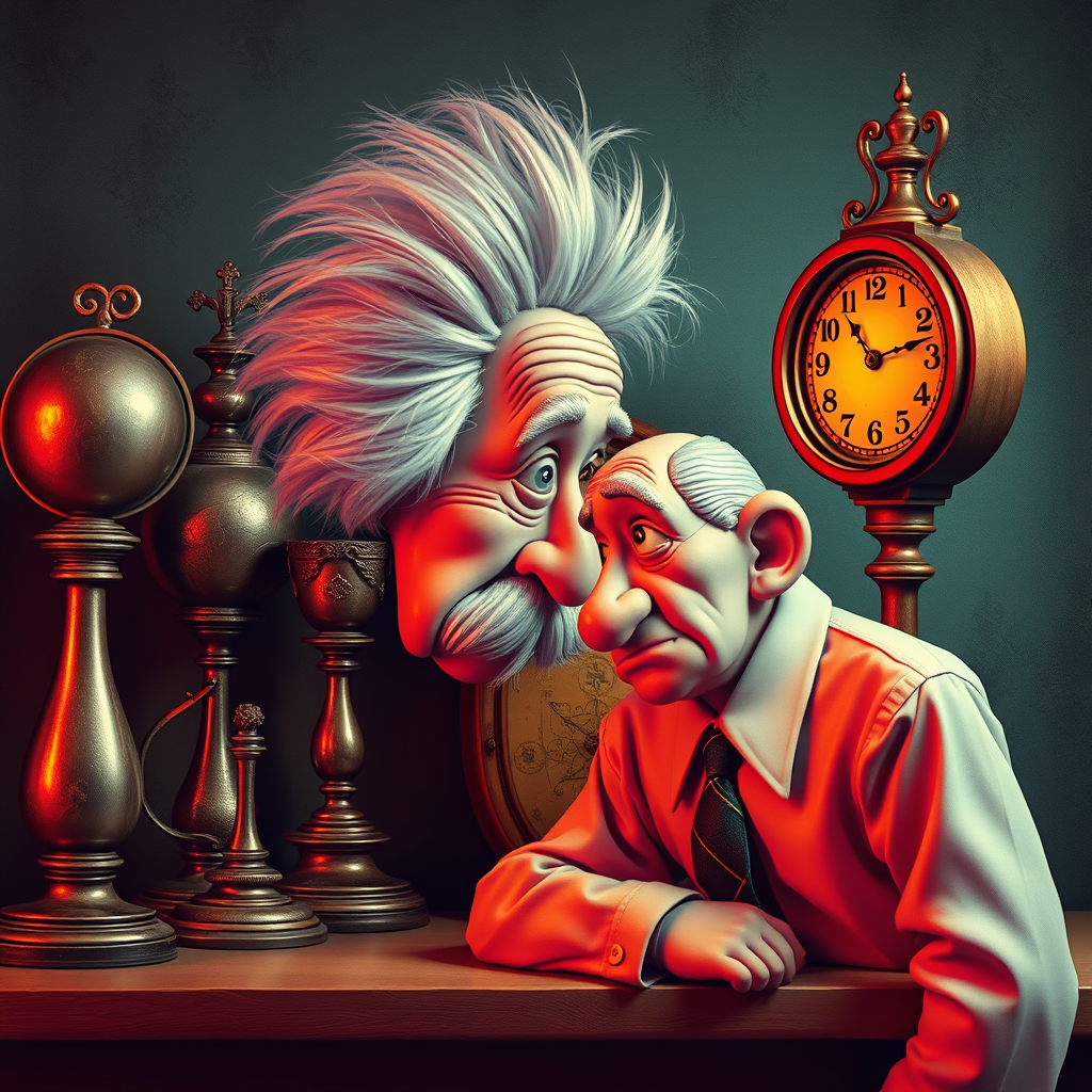 The Einstein-like figure looking at a clock next to fading trophies.