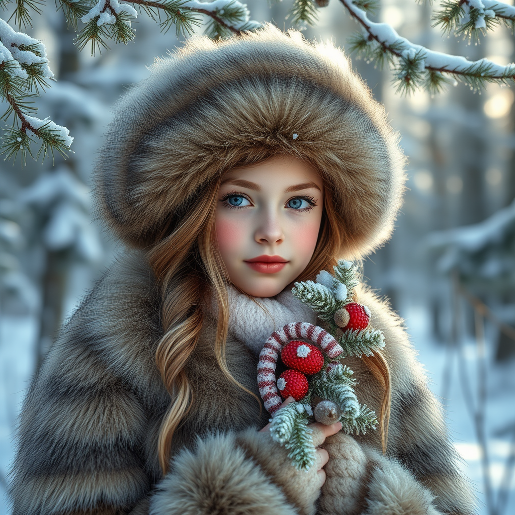 Create an ultra-realistic portrait in the style of a Russian winter. A girl in a
luxurious sable or fox fur hat and coat stands in a
snowy forest. Her cheeks are pink from the frost, holding a branch with
viburnum or rowan berries. Frost covers her fur and eyelashes, and soft
sunlight filters through the fir branches.
