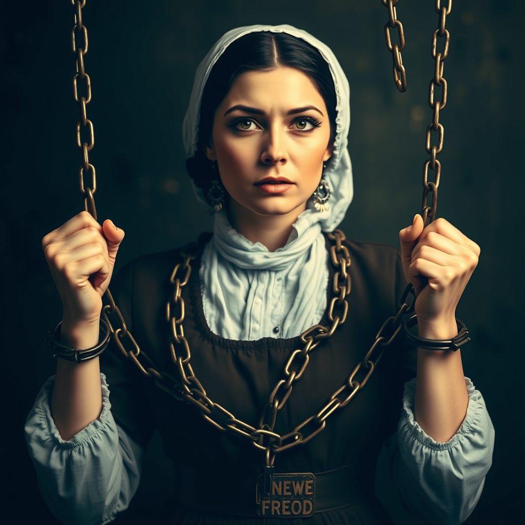 A woman who looks like Florence Nightingale breaks chains, symbolizing freedom.