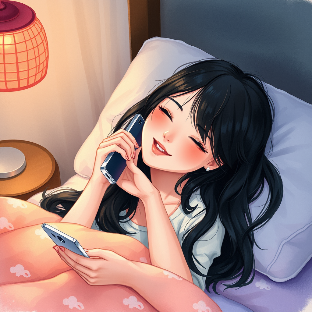 Chinese girl with long black hair lie down in the bed at night and happily chatting in phone