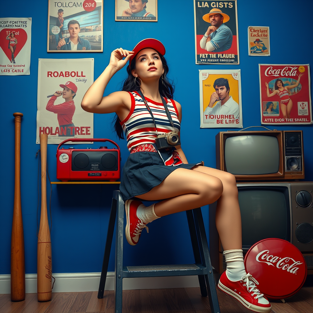 Use my uploaded selfie as the base. Keep my real face and proportions exactly as they are — do not change them. Place me seated on a dark grey step ladder in a retro sporty outfit: striped sleeveless top (off-white, red, navy), navy pleated mini-skirt, knee-high off-white socks, red sneakers. Red-white-blue bandana on my waist, translucent red visor on my head. I look thoughtfully upwards, right hand holding the visor brim, left hand holding a vintage camera. Background: vibrant royal blue wall with vintage posters (Coca-Cola, etc.), a red rotary phone, boombox, old TV. On the floor: wooden baseball bat (left), large Coca-Cola bottle cap (right). Soft, even lighting, cinematic retro Y2K mood. Ultra-realistic photo. My face must remain unchanged from the selfie.
