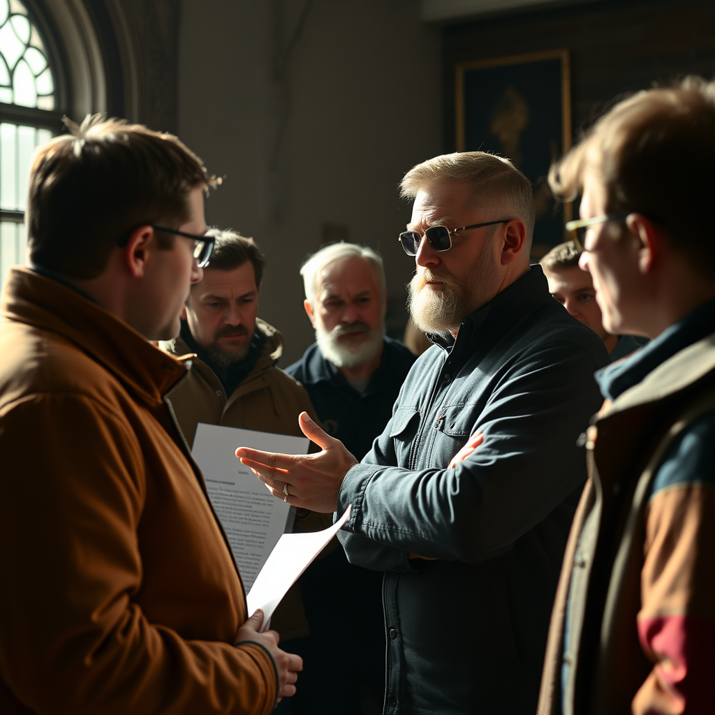 The Strugatsky-like figure asking questions in front of a group.