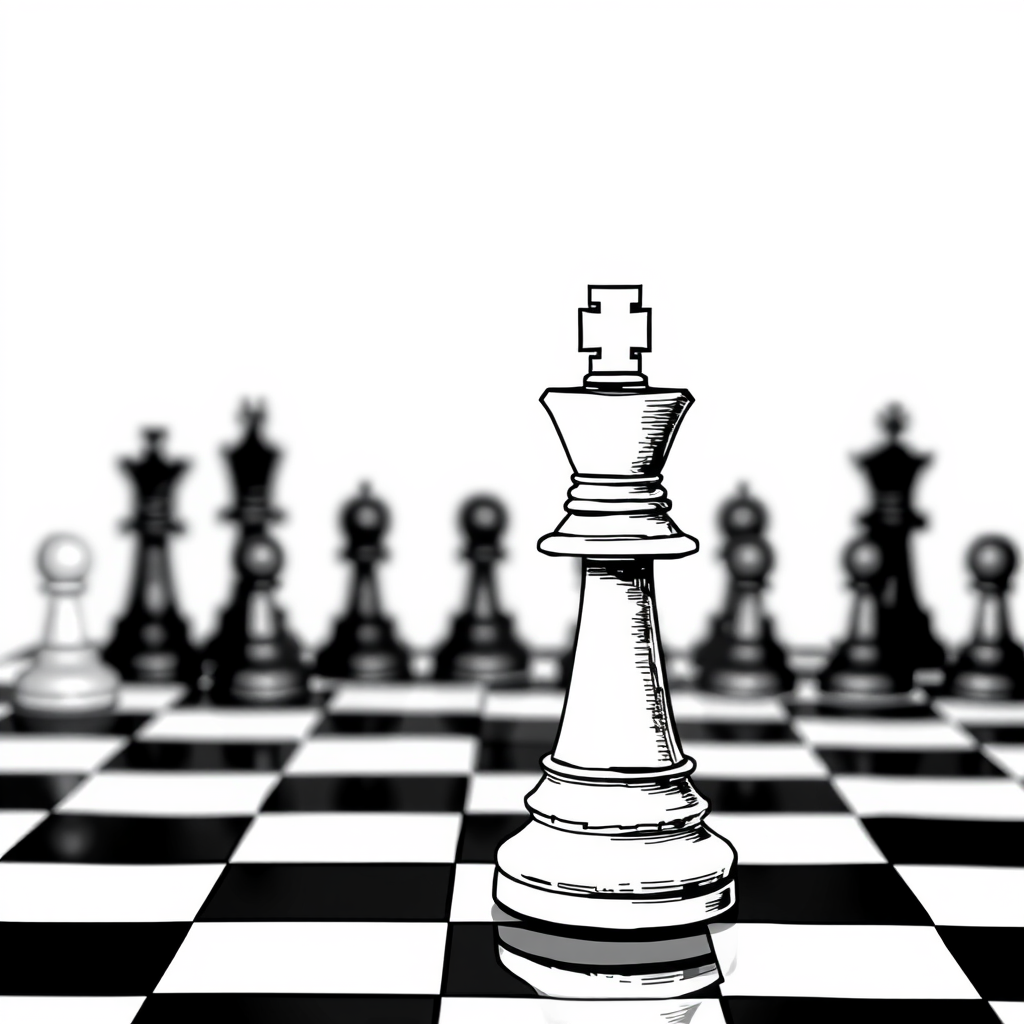draw a chessboard professionally for a social media cover. black and white. a knight in the foreground