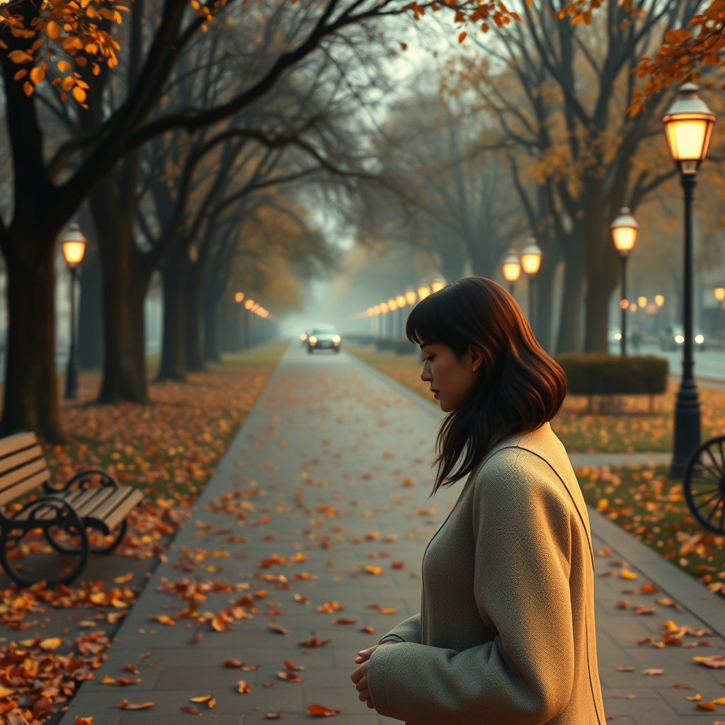 A girl says goodbye to her boyfriend in a city park – forever, he's fallen out of love. She's sad on a gloomy autumn day. A girl says goodbye to her boyfriend in a city park – forever, he's fallen out of love. She's sad on a gloomy autumn day.