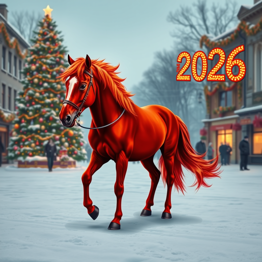 Draw a photorealistic New Year's picture with one decorated tree and garlands. The numbers 2026 are written exactly in the upper right corner. In the foreground is a fiery red horse with four legs, one head, one tail, and no bridle or saddle. Keep in mind that the action takes place in the evening on a snowy square.