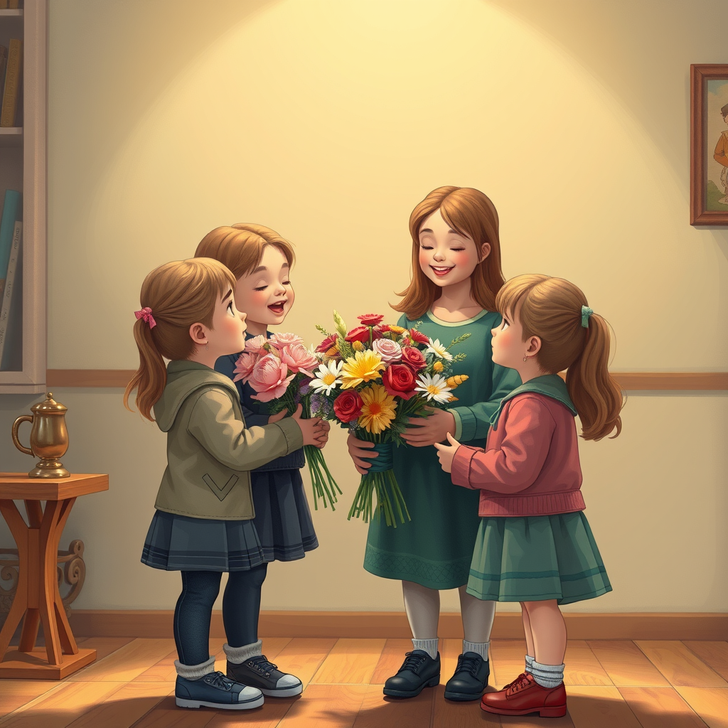 Schoolchildren in Russia give a bouquet of flowers to their favorite teacher... Drawing without letter captions