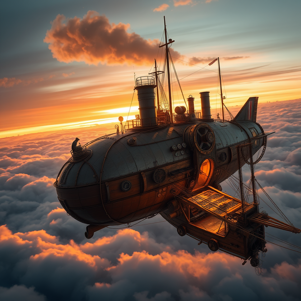 9. A steampunk airship harbor above the clouds, intricate machinery, golden hour lighting.