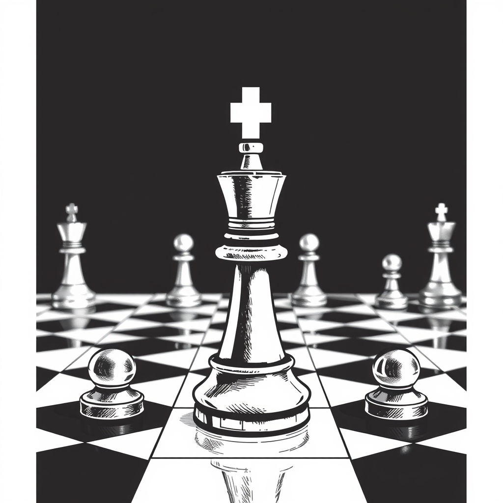 draw a chessboard professionally for a social media cover. black and white. a knight figure in the foreground