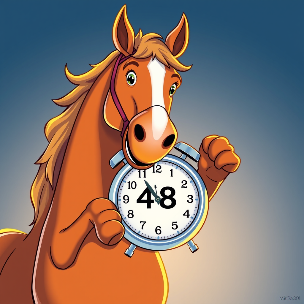 Create a cool picture of a horse from the cartoon about Julius Caesar's horse, holding an alarm clock in its hooves, with the number 48 on the dial instead of 12. The horse is smiling beautifully.