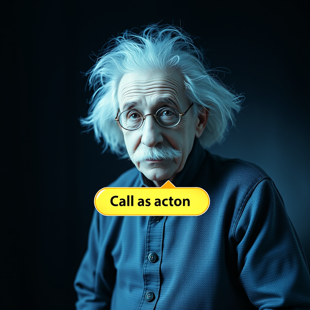 A call-to-action button appearing on the screen near the Einstein-like figure.