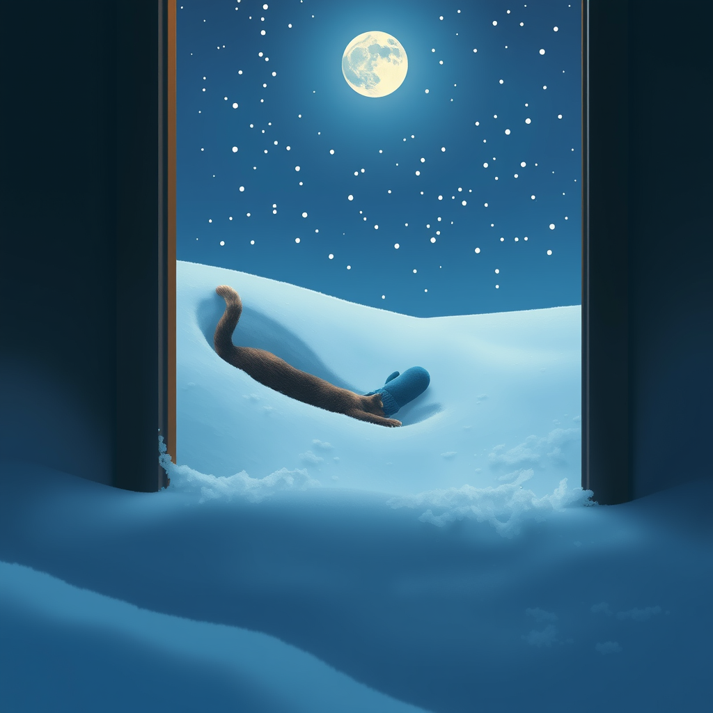 Winter, night, moonlight, star seeds, blue mitten in a snowdrift. The cat swims through the snow towards the entrance. Scratching at the door, upholstered in brown leatherette,