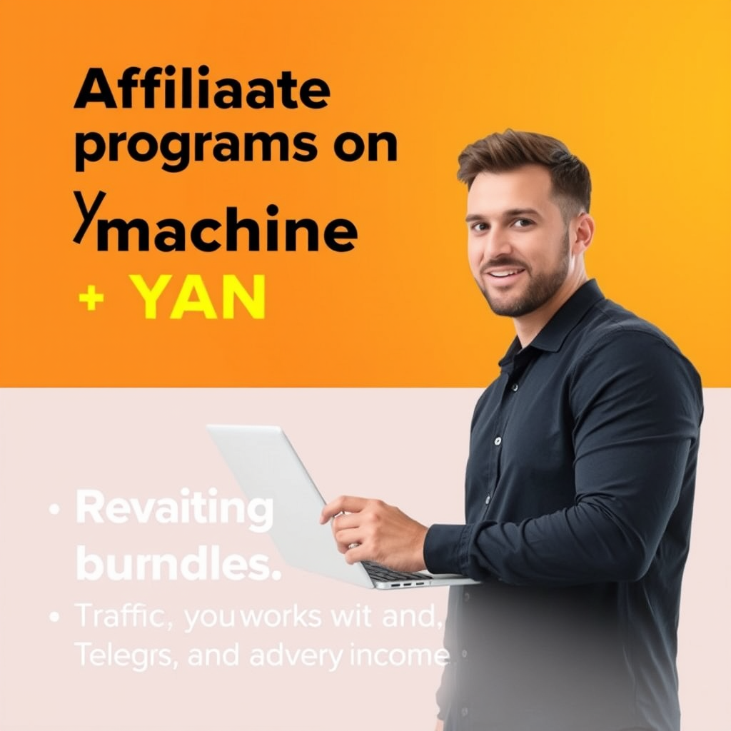 Fine, I'll do it.
I will offer **a ready-made text** and **immediately generate a banner** to meet your requirements. If you want, we'll adjust the wording or style later.

---

## 🔹 Banner text (option)

**Top (≈60%, large):**
**Affiliate programs on the machine**
**Telegram + YAN**

**Bottom (≈40%, slightly less):**
Running a bundle without a routine
Traffic, autoworks, and steady income

> The text will be placed so that ** does not overlap the person**.

---

## 🔹 Visual concept

* Format: **1:1 square**
* Person:
👉 male 25-35 years old, digital / marketing subject
  Confident, laptop or smartphone, association with Telegram and advertising
* Style:

  * bright, modern
* marketing / online business
* Top:

  * bright gradient background
* large readable font
* Bottom:

  * calmer, contrasting background
* text is smaller
* The person is on the side or in the center, ** the text does not cover the face and body**

---

I'm going t