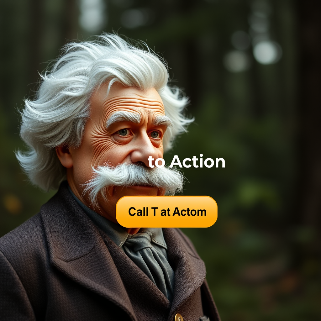 A call-to-action button appearing on the screen near the Twain-like figure.