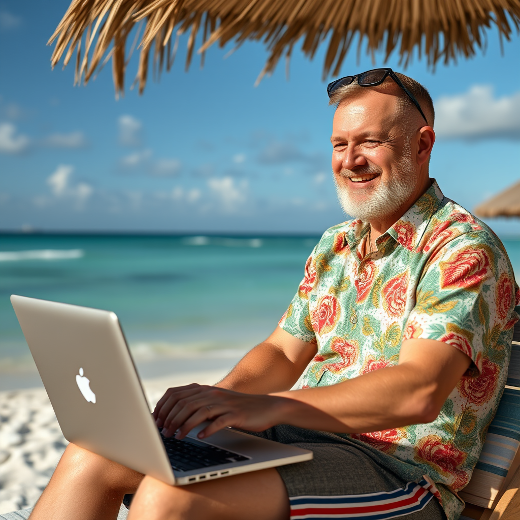 Happy Russian man in a shirt on vacation sidis with a laptop turned on. Theme: earning money on the Internet Happy Russian man in a shirt on vacation sidis with a laptop turned on. Theme: earning money on the Internet