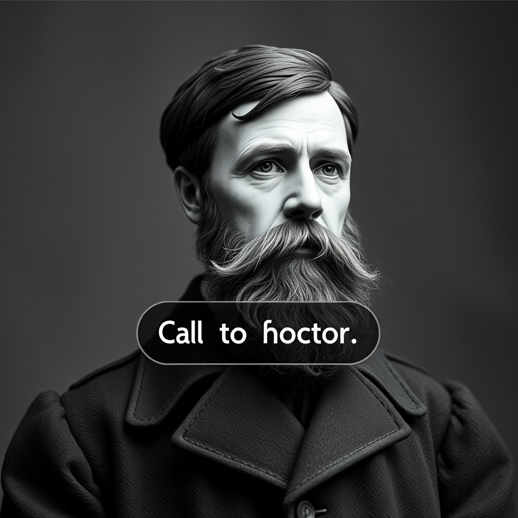 A call-to-action button appearing on the screen near the Dostoevsky-like figure.