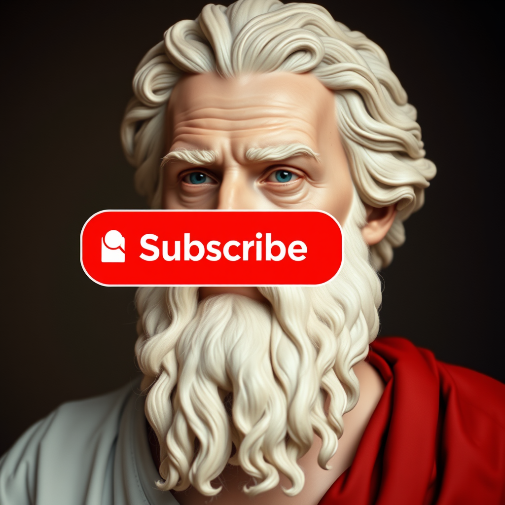 The Subscribe button is on the screen next to a man who looks like Socrates.