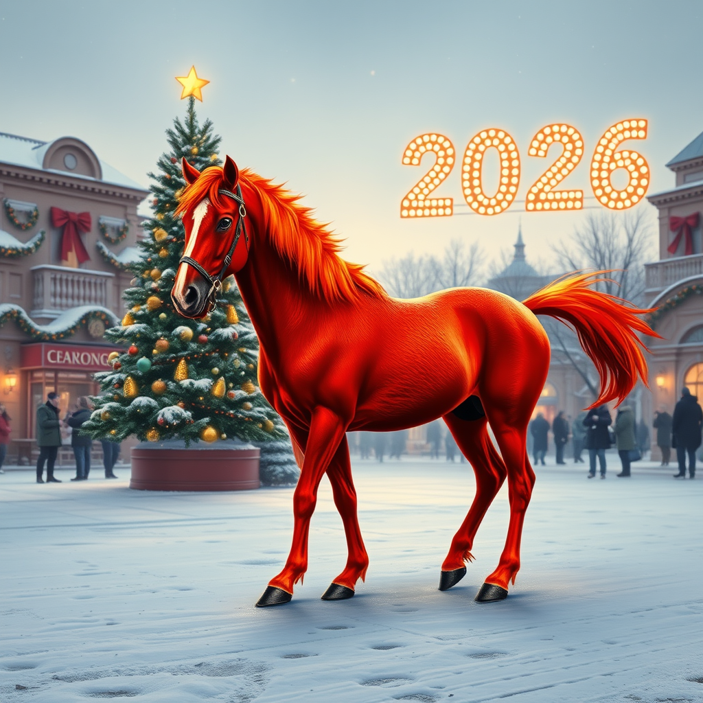 Draw a photorealistic New Year's picture with one decorated tree and garlands. The numbers 2026 are written exactly in the upper right corner. In the foreground is a fiery red horse with four legs, one head, one tail, and no bridle or saddle. Keep in mind that the action takes place in the evening on a snowy square.