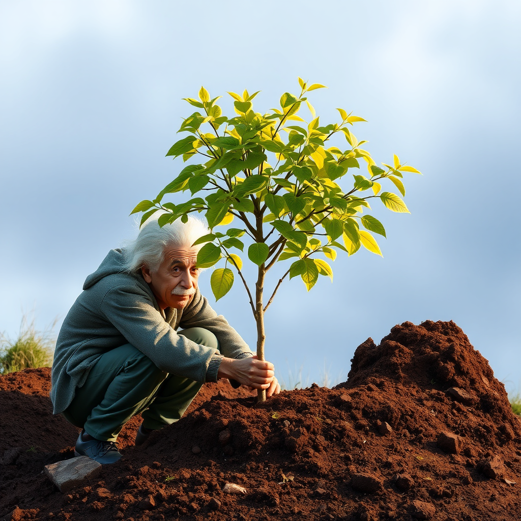 The man resembling Einstein planting a tree, symbolizing growth and values.