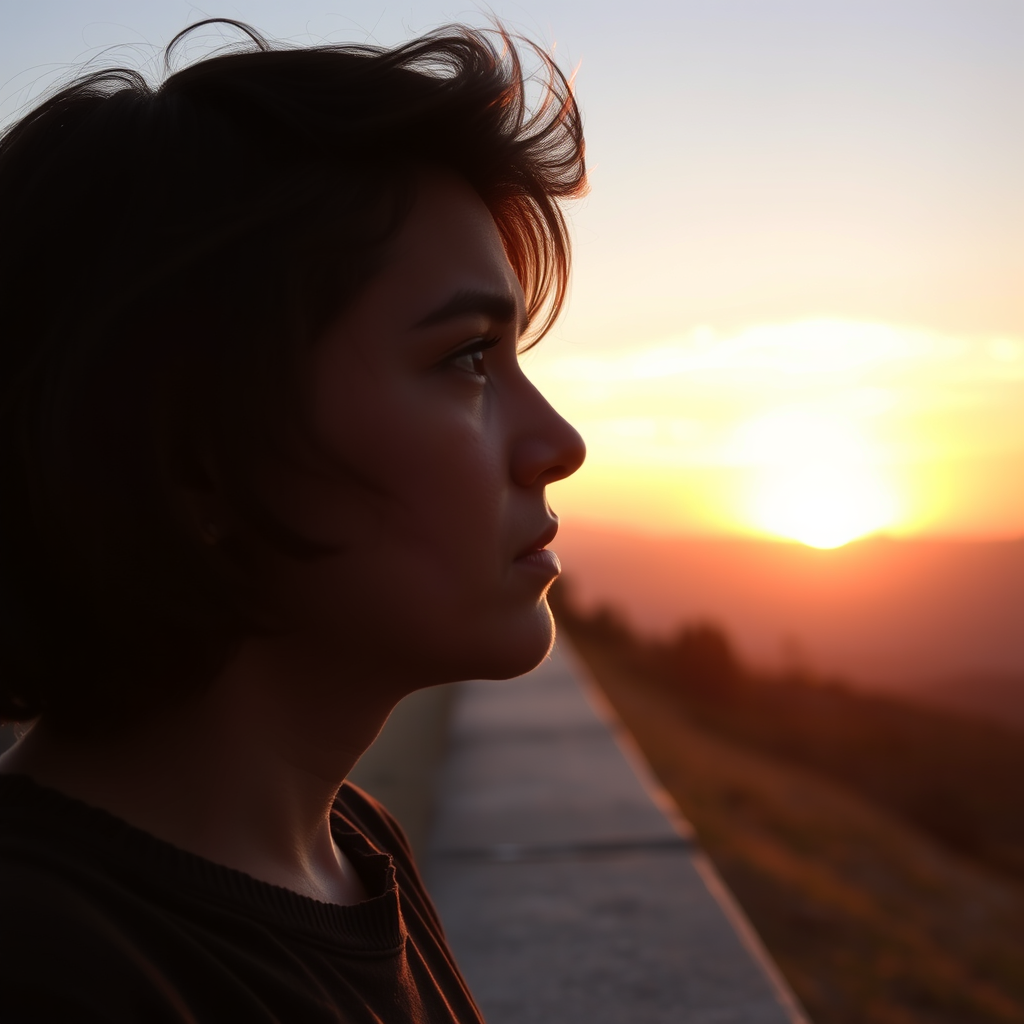 A person looking thoughtful while gazing at a sunset.