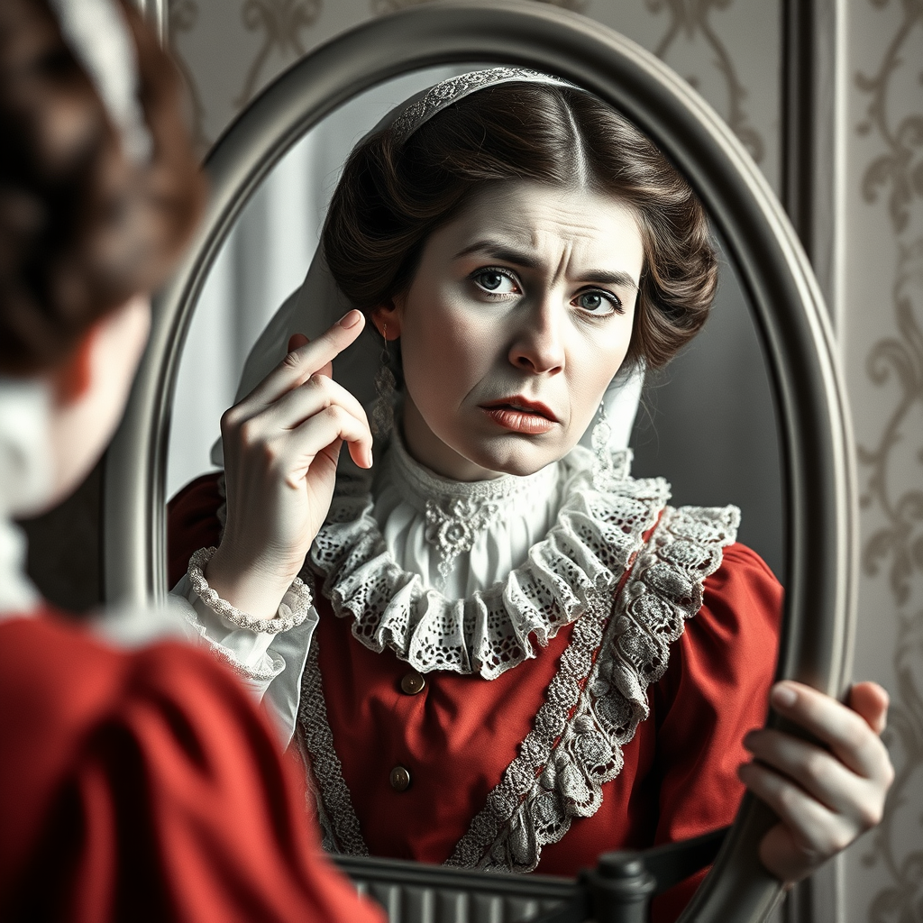 A frustrated woman resembling Florence Nightingale making excuses in a mirror.