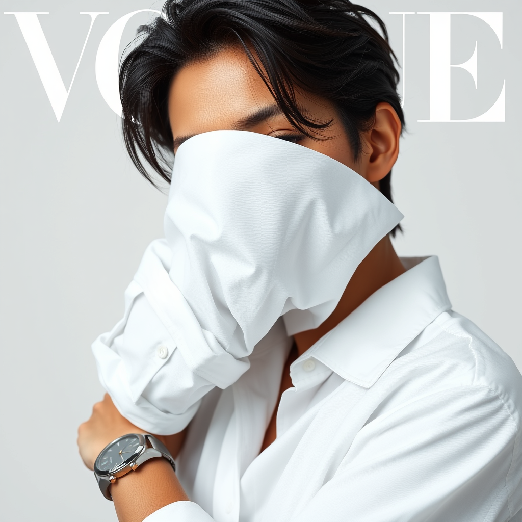 Create a white background Vogue-style fashion editorial cover using my uploaded selfie as the base. Keep my real face and proportions exactly as they are — do not replace or alter them. I am styled in a loose white shirt with rolled sleeves, one arm partly covering my face, a metallic wristwatch visible. The composition is clean and minimalist, with strong editorial lighting, sharp focus, and subtle shadow depth. Format: 4:5 vertical, ultra-realistic, high-resolution fashion magazine cover aesthetic.