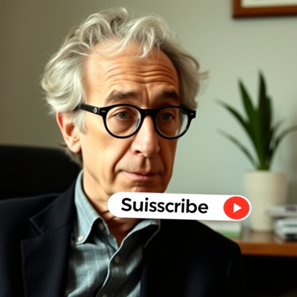 The Subscribe button is on the screen next to a man who looks like Woody Allen.