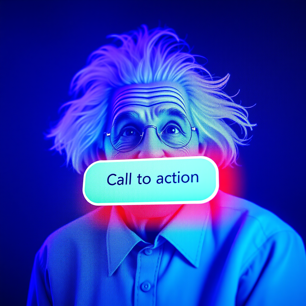 A call-to-action button appearing on the screen near the Einstein-like figure.