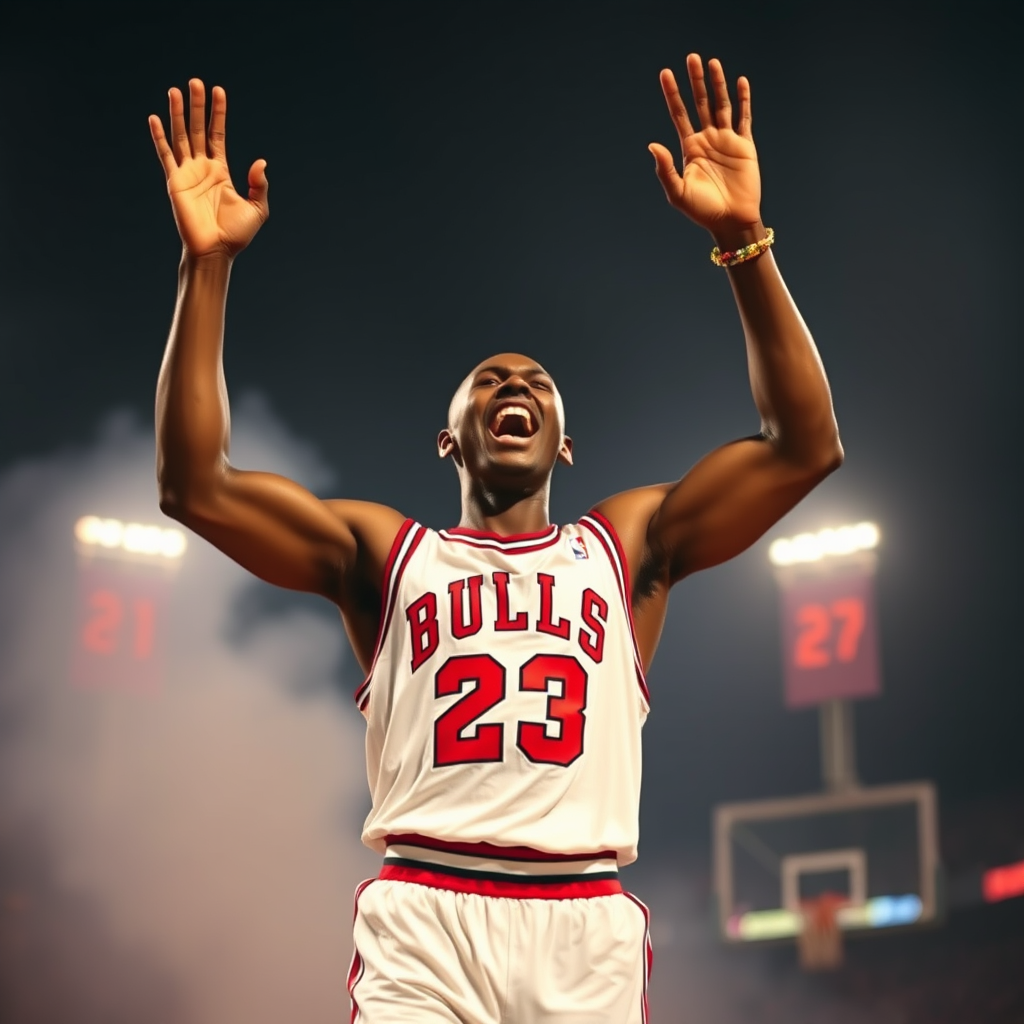 A powerful shot of the Jordan-like figure celebrating a victory after overcoming failure.
