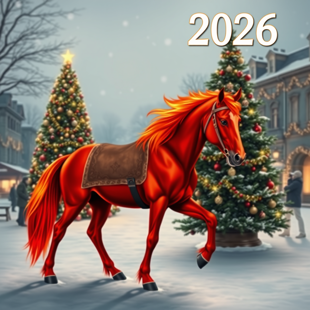 Draw a photorealistic New Year's picture with one decorated tree and garlands. The numbers 2026 are written exactly in the upper right corner. In the foreground is a fiery red horse with four legs, one head, one tail, and no bridle or saddle. Keep in mind that the action takes place in the evening on a snowy square.