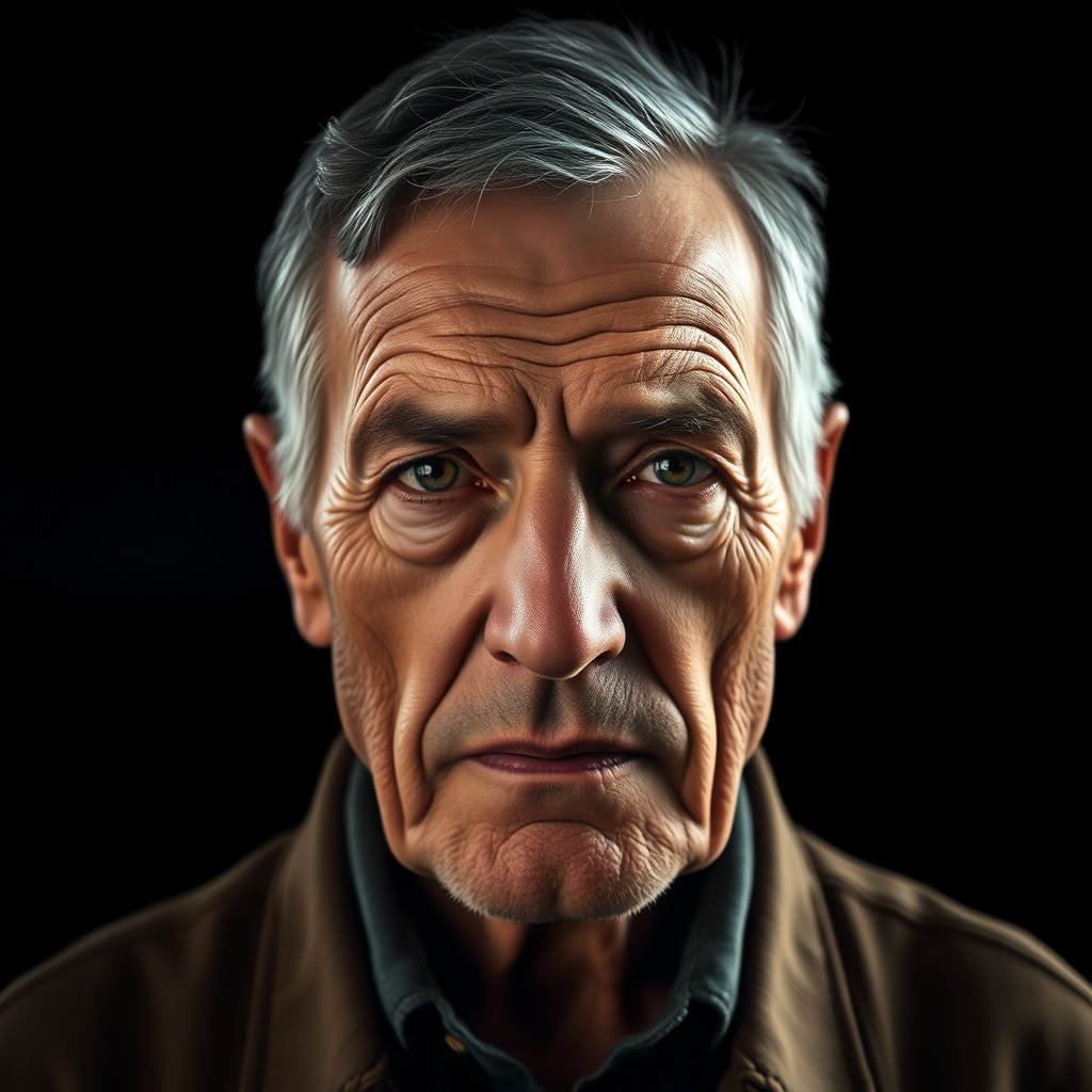 Old man, photorealism, dark hair, centered in the frame, symmetrical face, 50 mm lens, facing camera, dark background, natural light, out of focus mountains in the background, ultra‑details, 16K
