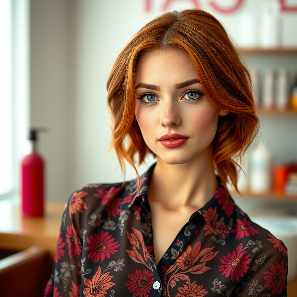 photorealistic image, portrait of a young woman in a blouse for advertising a beauty salon, red hair, direct gaze photorealistic image, portrait of a young woman in a blouse for advertising a beauty salon, red hair, direct gaze