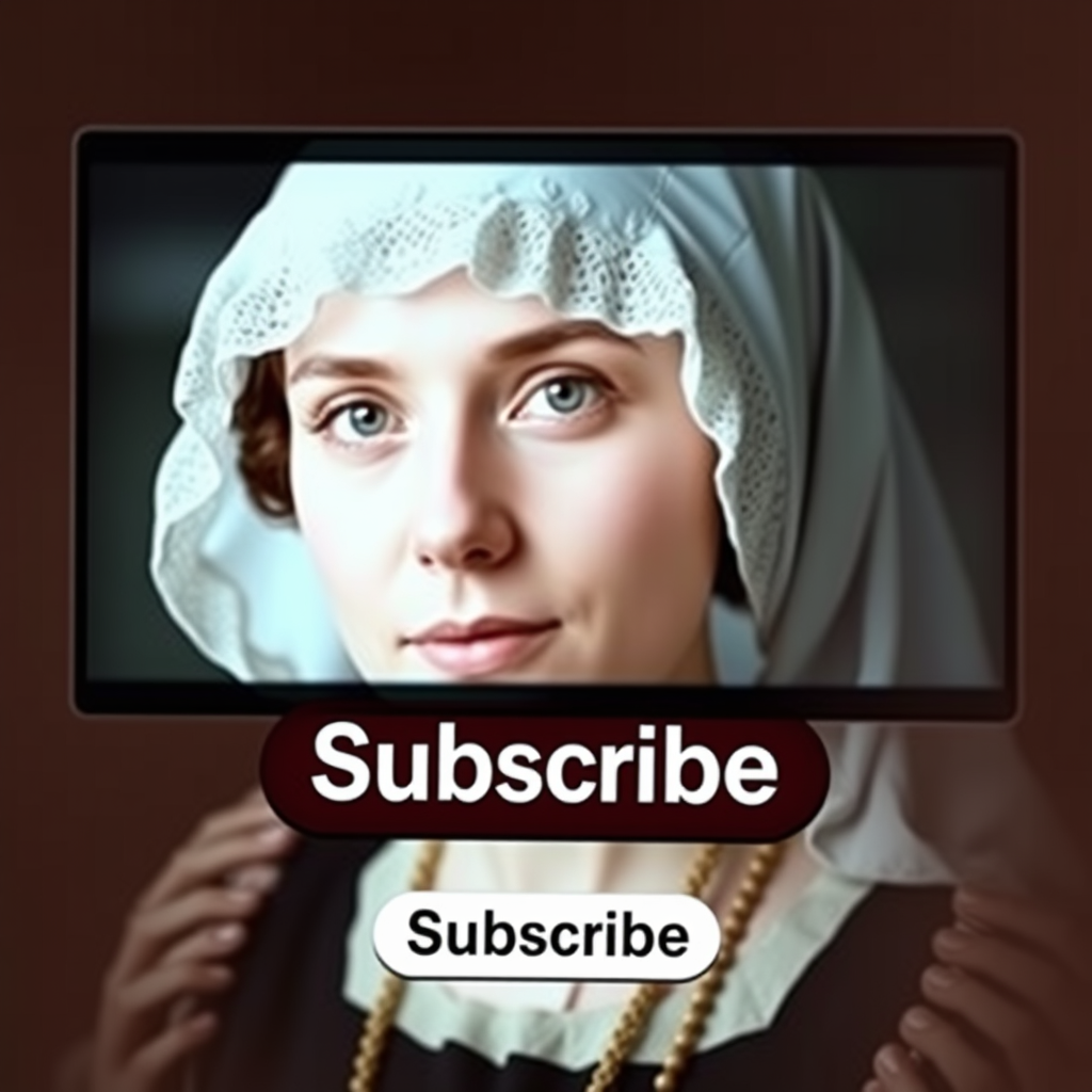 The Subscribe button is on the screen next to a woman who looks like Florence Nightingale.
