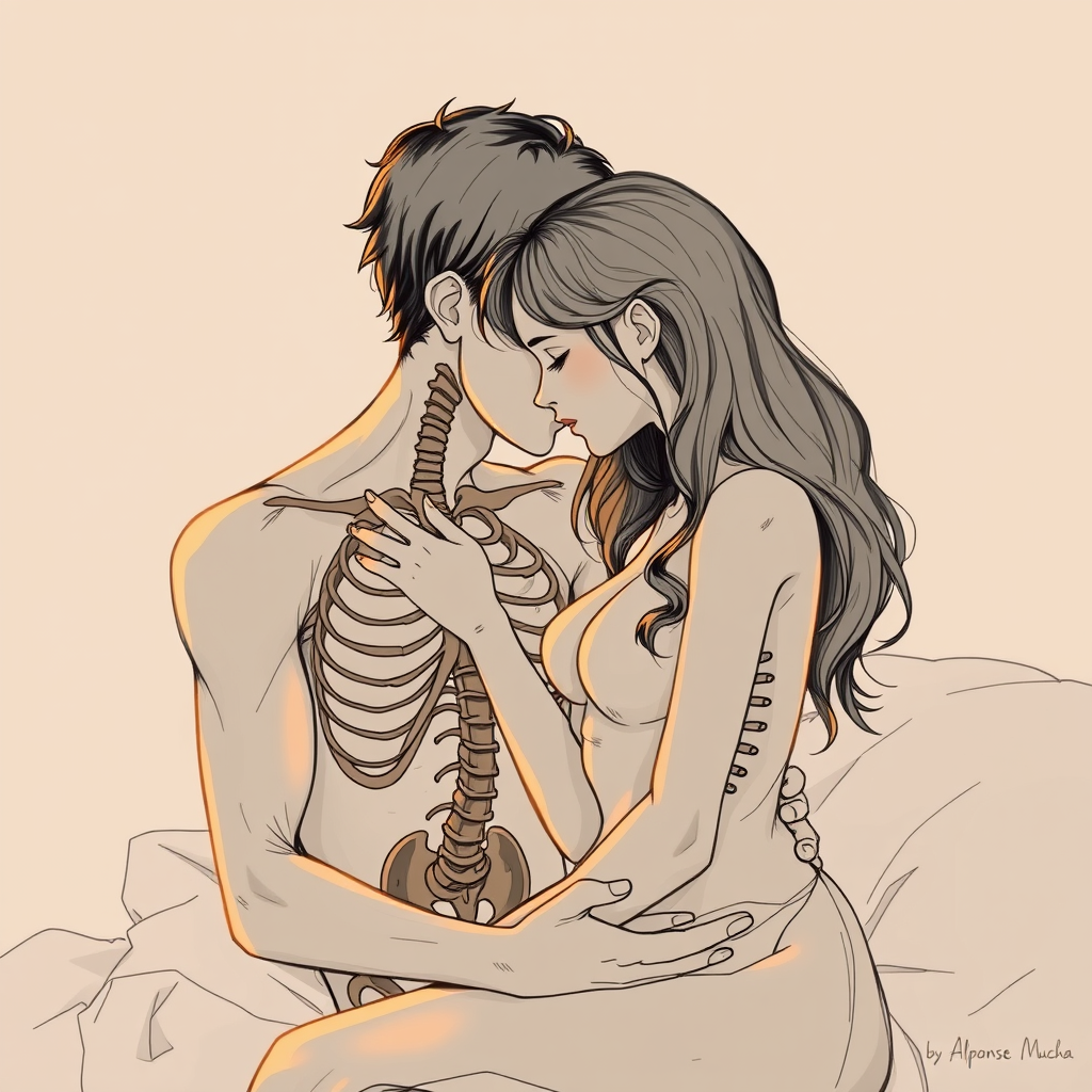 Drawing: A girl tries to break up with her boyfriend and embraces everything in a poetic way. Negative: Humans, anatomically, should have all body parts!