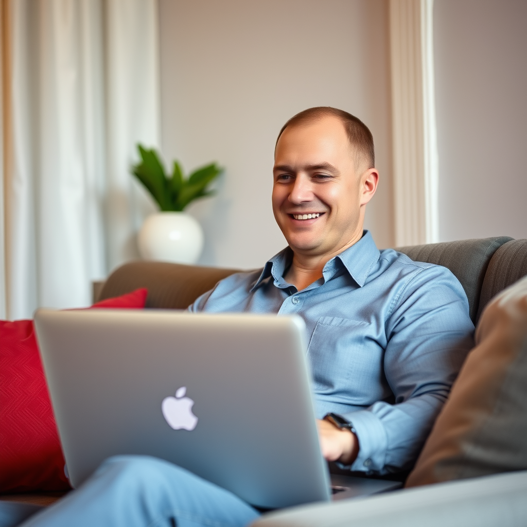 Happy Russian man in a shirt at home on the sofa sidis with a laptop turned on. Theme earnings on the Internet Happy Russian man in a shirt at home on the sofa sidis with a laptop turned on. Theme earnings on the Internet
