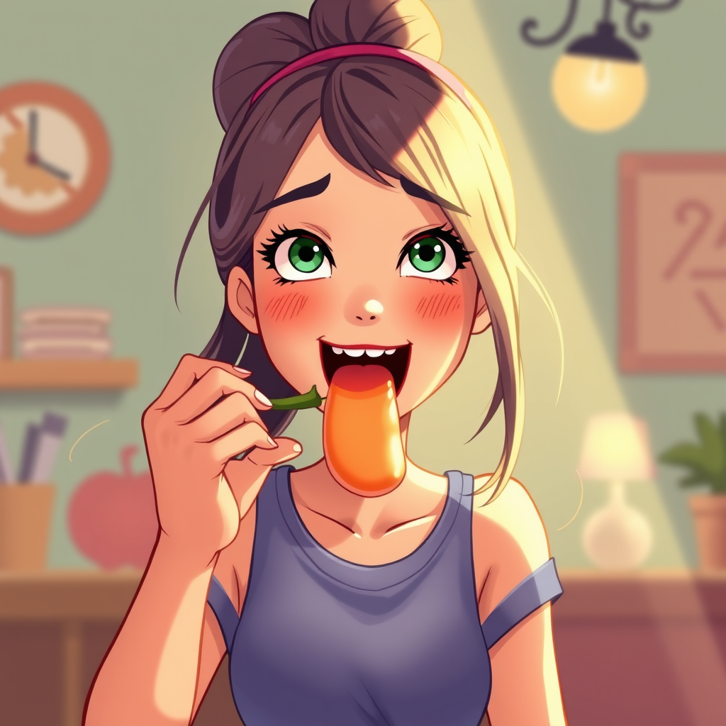 A beautiful girl takes it in her mouth