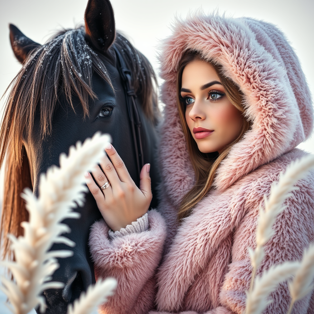 Create a hyperrealistic photograph. Details:
portrait shot from the waist up. Relaxed pose.
Long eyelashes white from snow and frost. Lips
a delicate frosty pink color. Face covered in light
frost in places. Focus on the eyes. Wearing a
long, fluffy ostrich fur coat in a beautiful pink
color with a hood. The hood is slightly pulled
over the head. The hood and coat are covered
with a light layer of snow and frost. The woman
stands next to a chic dark gray, almost black
horse with a mane covered in frost. The woman
strokes the horse's mane and presses herself
against its muzzle. She looks at the horse. In the
foreground, out of focus, is a large white feather
grass covered in frost. In the background, closer
to the focus, is white feather grass. Light and
lighting solutions: Main light: soft diffused light,
at an angle of approximately 45° from the left or
right. Fill: light from the right/bottom to remove
harsh shadows on the neck and key areas. Edge
light: empha