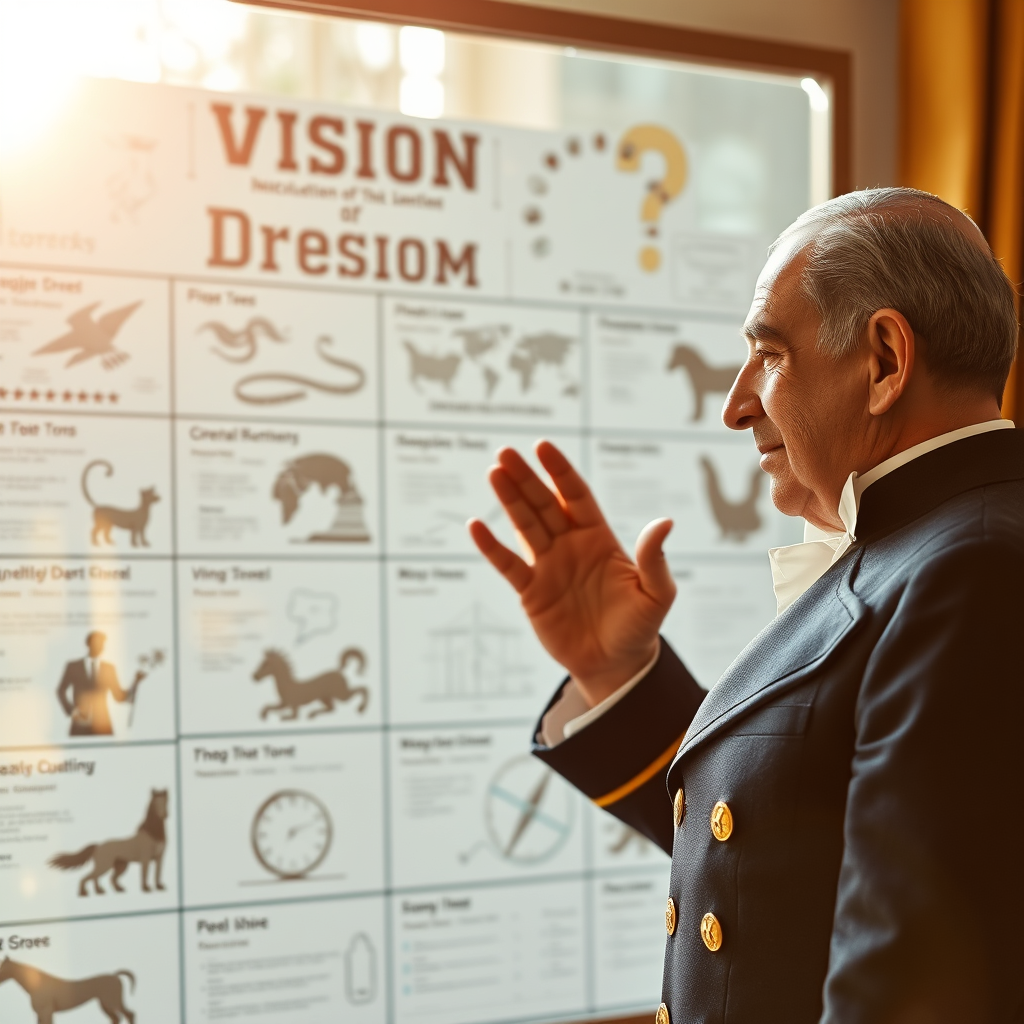 Napoleon Hill-like figure looking at a vision board filled with dreams.