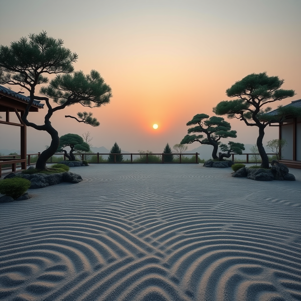 8. A serene Zen garden at dawn, raked sand patterns, bonsai trees, hyperrealistic.