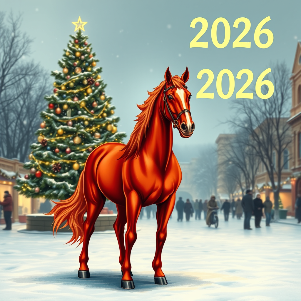 Draw a photorealistic New Year's picture with one decorated tree and garlands. The numbers 2026 are written exactly in the upper right corner. In the foreground is a fiery red horse with four legs, one head, one tail, and no bridle or saddle. Keep in mind that the action takes place in the evening on a snowy square.