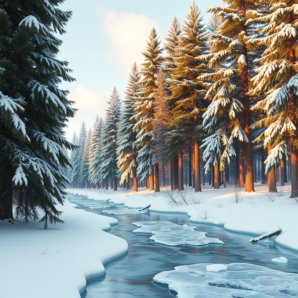 Spruce and pine trees stand in the Siberian taiga, covered in a fluffy layer of snow, and crystal-blue ice crackles on a small river... Spruce and pine trees stand in the Siberian taiga, covered in a fluffy layer of snow, and crystal-blue ice crackles on a small river...