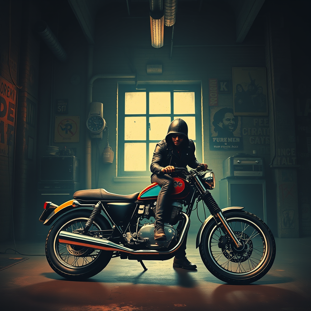 you need to create a cool loft-style picture with a motorcycle and a rocker