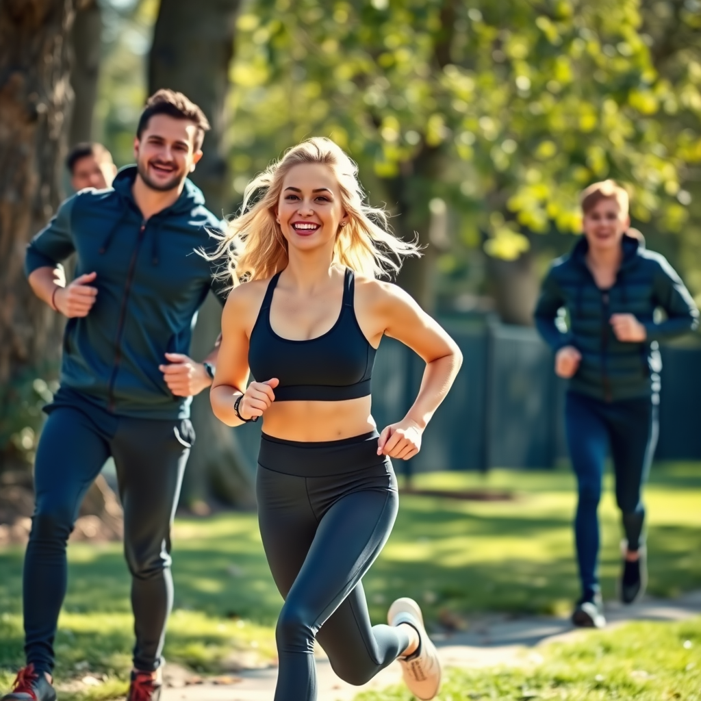 A blonde woman in stylish sportswear is jogging energetically through a sunny park. She smiles confidently, clearly enjoying her new fitness routine. Next to her, a friendly and athletic male trainer runs alongside, offering encouragement. In the background, her partner peeks from behind a tree, looking curious and a little surprised. The scene is dynamic, lighthearted, and playful, emphasizing both the woman's active lifestyle and the hint of intrigue.