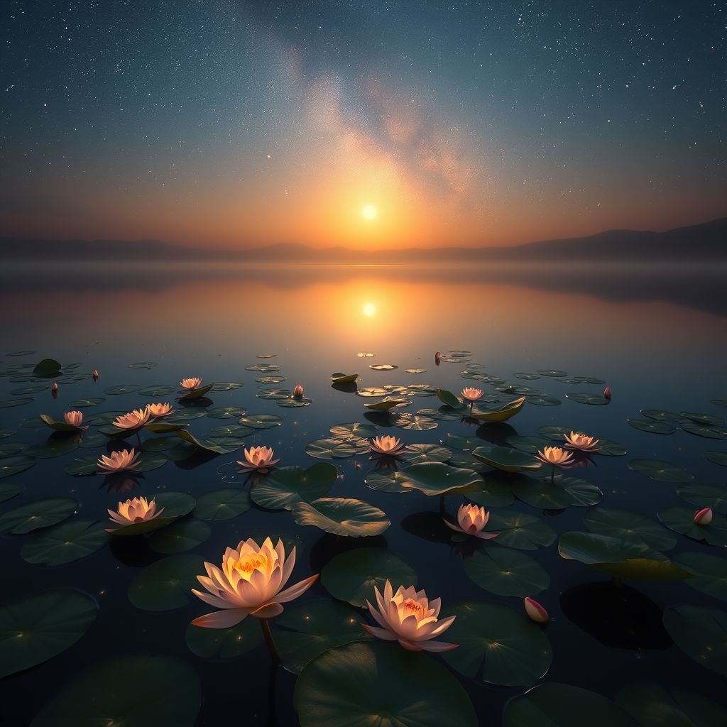 1344x768
A serene lake at twilight, its waters reflecting the starry sky above, with delicate lotus flowers floating on the surface and fireflies dancing around them like tiny lanterns 3830911057. Prompts. A serene lake at twilight, its waters reflecting the starry sky above, with delicate lotus flowers floating on the surface and fireflies dancing around them like tiny lanterns.Negatives: worst quality, bad quality, poor quality, ugly, blur, watermark, signature, logo. Steps: 24. Sampler: DPM++ 2M. Seed: 3830911057. Model: ProtoVision_XL_6.6.0_SDXL.