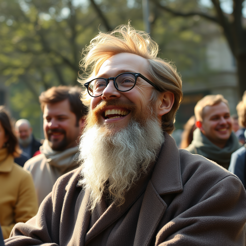 The Dostoevsky-like figure experiencing life fully, smiling and engaging with others.