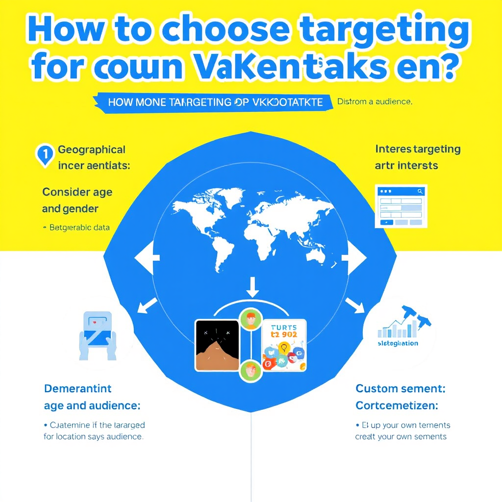 Create a bright and informative illustration on the topic "How to choose targeting for advertising on VKontakte." At the top, place the title: "How to choose targeting for advertising on VKontakte?" in a modern font. In the center of the image, highlight four sections:

Geographical targeting: a map with marked regions, the caption "Determine the location of your audience."

Demographic data: icons of age groups and gender, the text "Consider age and gender."

Interests and behavior: images related to interests (sports, art), with the caption "Set up targeting by interests."

Custom segments: a diagram symbolizing segmentation, with the text "Create your own segments."

The background should be bright, with VKontakte colors (blue and white tones). Add arrows and graphs for visualization.