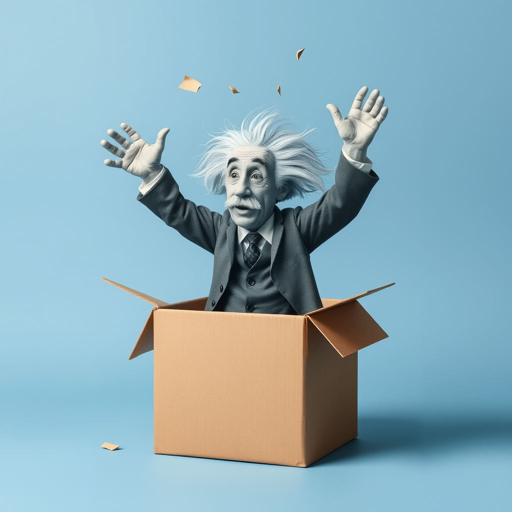 The Einstein-like figure breaking out of a box, symbolizing freedom of thought.