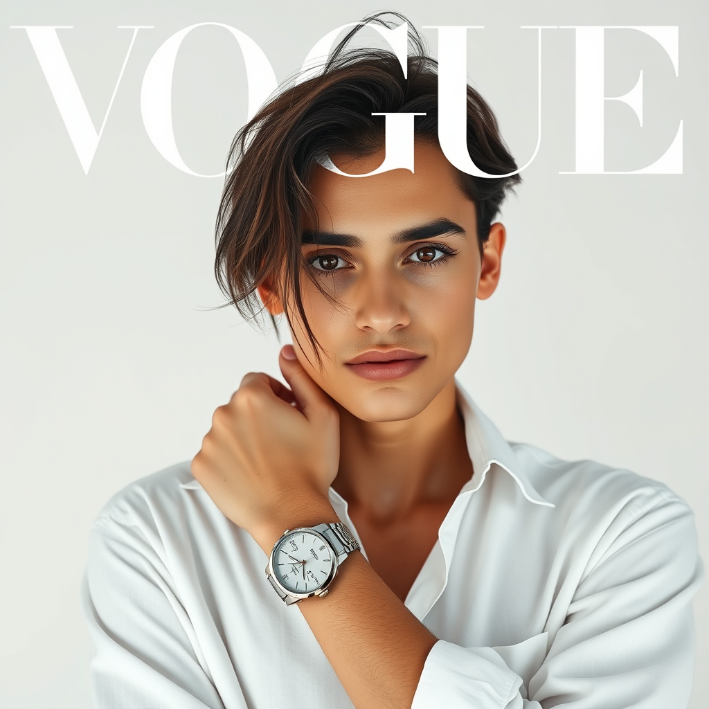 Create a white background Vogue-style fashion editorial cover using my uploaded selfie as the base. Keep my real face and proportions exactly as they are — do not replace or alter them. I am styled in a loose white shirt with rolled sleeves, one arm partly covering my face, a metallic wristwatch visible. The composition is clean and minimalist, with strong editorial lighting, sharp focus, and subtle shadow depth. Format: 4:5 vertical, ultra-realistic, high-resolution fashion magazine cover aesthetic.